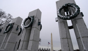 Washington, D.C. (Mar. 8, 2005) – The Washington Monument is framed between pillars adorned with oak and wheat bronze wreaths at the National World War II Memorial located on the National Mall in Washington, D.C. A 17-foot pillar and bronze wreath represents each State and U.S. territory from the time period. Established by the American Battle Monuments Commission, the memorial honors all military veterans of World War II, the citizens on the home front, the nation at large, and the high moral purpose and idealism that motivated the nation’s call to arms. The memorial was officially dedicated on May 29, 2004. U.S. Navy photo by Photographer’s Mate 2nd Class Daniel J. McLain (RELEASED)