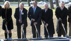 Dr. Jill Biden, Jan Scruggs, founder of the Vietnam Veterans Memorial, Secretary of Defense Leon E. Panetta, Sen. Jack Reed and former Chairman of the Joint Chiefs of Staff Adm. Mike Mullen participate in a groundbreaking ceremony for The Education Center at The Wall in Washington, D.C., on Nov. 28, 2012. The center, which will honor veterans from several U.S. wars, will bring to life the stories of the more than 58,000 U.S. service members who were lost during the Vietnam War. Stories and photos of the fallen from Iraq and Afghanistan also will be featured until those veterans have their own national place of honor.