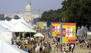 A view of the 2004 Smithsonian Folklife Festival. The annual Folklife Festival highlights grassroots cultures across the nation and around the world through performances and demonstrations of living traditions. The Festival, which began in 1967, occurs for two weeks every summer on the National Mall and attracts more than 1 million visitors. (Photo Credit: Jeff Tinsley, Smithsonian Institution)