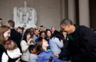 "After the President and Congress finally agreed on a bill to keep the government from shutting down, the President decided to make an unannounced stop to thank tourists for visiting the Lincoln Memorial the following day. The Memorial and other monuments and national parks in Washington and across the country would have been forced to close had they not come to an agreement. Here, the President greets a surprised young girl as other tourists in the background snap pictures of their chance encounter with the President." (Official White House Photo by Pete Souza)