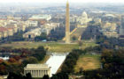 An aerial view of the National Mall in Washington, D.C., showing the Lincoln Memorial at the bottom, the Washington Monument at center, and the U.S. Capitol at the top. (Courtesy U.S. Navy)