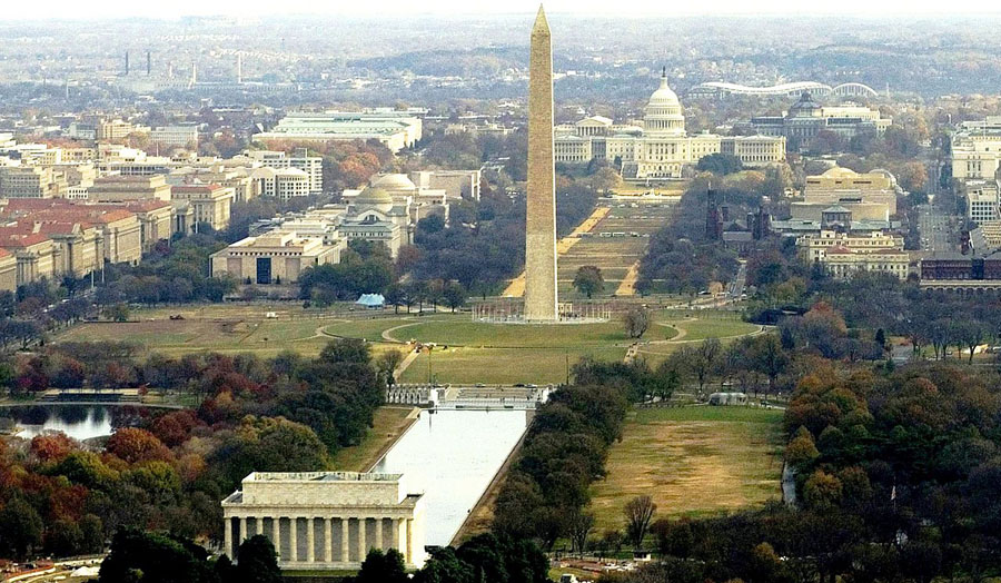 An aerial view of the National Mall in Washington, D.C., showing the Lincoln Memorial at the bottom, the Washington Monument at center, and the U.S. Capitol at the top. (Courtesy U.S. Navy)