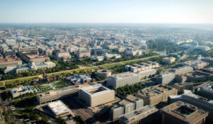 Aerial view of the South Mall Zone that includes the Castle, the Freer and Sackler Galleries, the National Museum of African Art, the Arts and industries Building and the Hirshhorn Museum and Sculpture Garden (Image courtesy of the Smithsonian)
