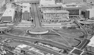 Aerial photograph looking north at L'Enfant Plaza, L'Enfant Promenade, and part of Southwest, Washington, D.C. (1990).