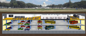 Illustration of the National Mall Underground, a self-funding, multi-purpose, parking garage and flood water protection facility, underneath the city’s National Mall.