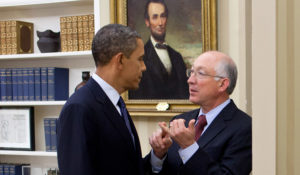 President Barack Obama talks with Interior Secretary Ken Salazar in the Oval Office, Nov. 1, 2011. (Official White House Photo by Pete Souza)