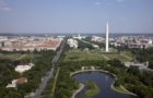 Aerial view of the National Mall, Washington, D.C.  The Washington Monument is an obelisk near the west end of the National Mall in Washington, D.C., built to commemorate the first U.S. president, General George Washington. The monument, made of marble, granite, and sandstone, is both the world's tallest stone structure and the world's tallest obelisk in height standing 555 feet 5? inches.