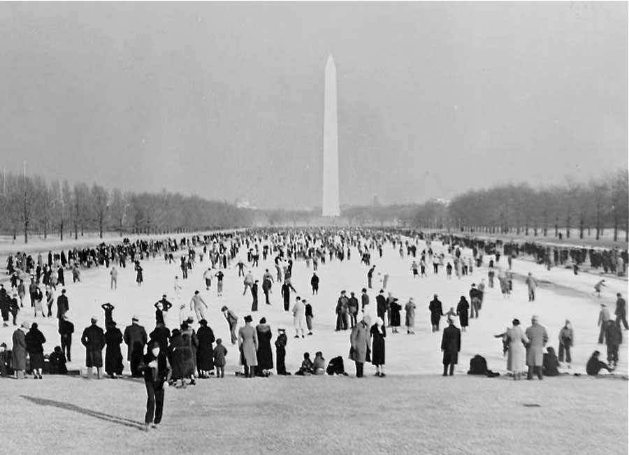 In the 1920s, the newly completed Lincoln Memorial Reflecting Pool was a popular ice skating venue for DC residents and Mall visitors (Photo courtesy Library of Congress)