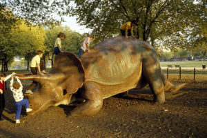 Uncle Beazley, a life-size fiberglass statue of a triceratops located next to the National Museum of Natural History from the 1970s to 1994, provided fun and recreation for children visiting the museums (Photo courtesy Carol Highsmith/Library of Congress)