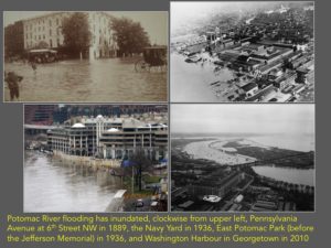 Potomac River flooding has inundated, clockwise from upper left, Pennsylvania Avenue at 6th Street NW in 1889, the Navy Yard in 1936, East Potomac Park (before the Jefferson Memorial) in 1936, and Washington Harbour in Georgetown in 2010