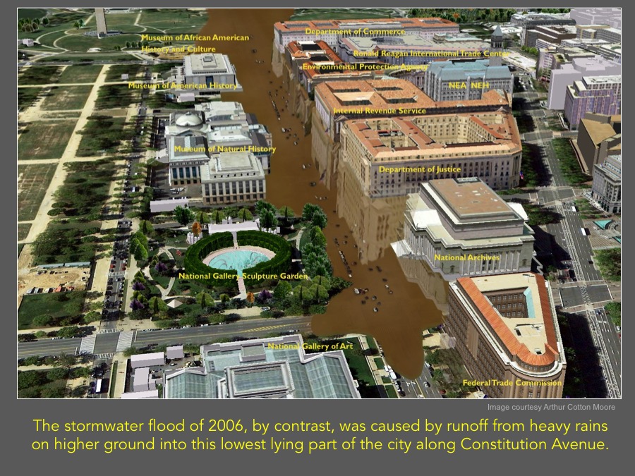 The stormwater flood of 2006, by contrast, was caused by runoff from heavy rains on higher ground into this lowest lying part of the city along Constitution Avenue. (Image courtesy Arthur Cotton Moore)