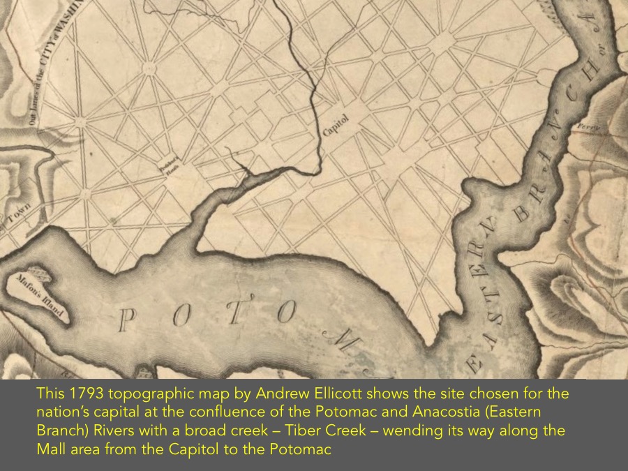 This 1793 topographic map by Andrew Ellicott shows the site chosen for the nation’s capital at the confluence of the Potomac and Anacostia (Eastern Branch) Rivers with a broad creek – Tiber Creek – wending its way along the Mall area from the Capitol to the Potomac