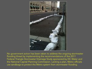 No government action has been taken to address the ongoing stormwater flooding threat by implementing the recommendations of the 2011 Federal Triangle Stormwater Drainage Study sponsored by DC Water and the National Capital Planning Commission. Lacking a plan, Metro officials use sandbags to protect the Metro system from stormwater flooding.