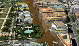 The stormwater flood of 2006, by contrast, was caused by runoff from heavy rains on higher ground into this lowest lying part of the city along Constitution Avenue. (Image courtesy Arthur Cotton Moore)