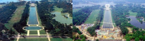 The Lincoln Memorial Reflecting Pool and Rainbow Pool in the 1980s (left); The Rainbow Pool site under construction with for the World War II Memorial (right).