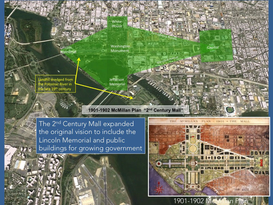 The 2nd Century Mall expanded the original vision to include the Lincoln Memorial and public buildings for growing government.