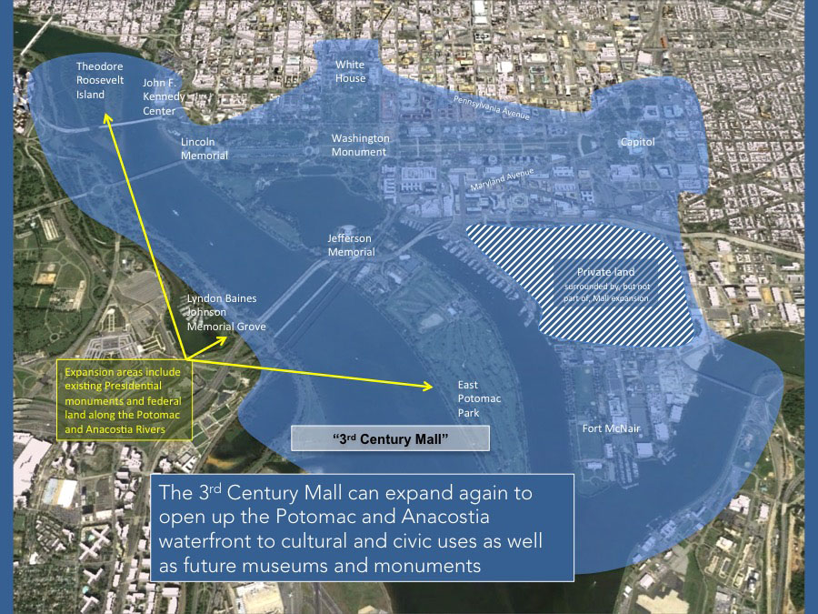 The 3rd Century Mall can expand again to open up the Potomac and Anacostia waterfront to cultural and civic uses as well as future museums and monuments.