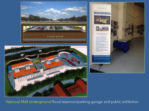 National Mall Underground flood reservoir/parking garage and public exhibition