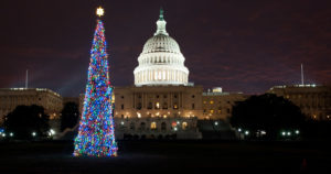 The Christmas Tree on the West Front Lawn of the U.S. Capitol will be lit from night fall until 11 p.m. each evening through January 1, 2012. This year's tree is a 65-foot Sierra white fir from California’s Stanislaus National Forest. (Architect of the Capitol)