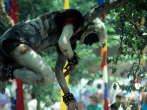 A man dressed as a monkey, or bahrupiya, impersonates the monkey god Hanuman in the India program at the 1985 Festival of American Folklife on the National Mall. (Daphne Shuttleworth/Smithsonian)