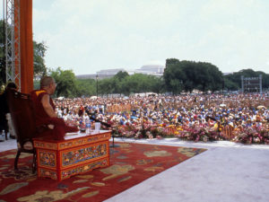 The Dalai Lama speaks to a large crowd on the National Mall during the 2000 Smithsonian Folklife Festival which featured a program on Tibetan Culture Beyond the Land of Snows. (Jeff Tinsley/Smithsonian)