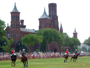 A polo match is played on the National Mall during the 2002 Smithsonian Folklife Festival featuring The Silk Road. (Jeff Tinsley/Smithsonian)