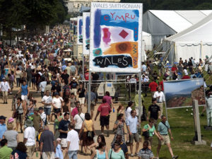 A view of the 2009 Smithsonian Folklife Festival. The annual Folklife Festival highlights grassroots cultures across the nation and around the world through performances and demonstrations of living traditions. The Festival, which began in 1967, occurs for two weeks every summer on the National Mall and attracts more than 1 million visitors. (Jeff Tinsley, Smithsonian Institution)