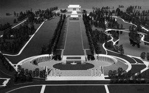 1997 Competition-winning design for the World War II Memorial by architect Friedrich St. Florian, rejected by federal review agencies as too large, to be replaced by the current design.