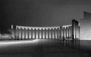 1997 Competition-winning designfor the World War II Memorial included 50, 40-foot-tall columns and berms housing museum space.