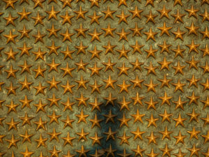 A shadow appears on the wall of stars at the National World War II Memorial, June 20, 2014 in Washington D.C. The World War II Memorial honors the 16 million who served in the armed forces of the U.S., the more than 400,000 who died, and all who supported the war effort from home. (U.S. Air Force photo by Senior Airman James Richardson)