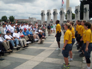 WASHINGTON, D.C. (Aug. 25, 2012) Chief petty officer selects from Naval Weapons Station Yorktown-Cheatham Annex sing “Anchors Aweigh” for World War II veterans at the World War II Memorial. The veterans were part of an Honor Flight, and the Honor Flight Network’s mission to bring veterans to Washington, D.C. to visit those memorials dedicated to honor their service and sacrifices. (U.S. Navy photo by Chief Mass Communication Specialist Lucy M. Quinn/Released)
