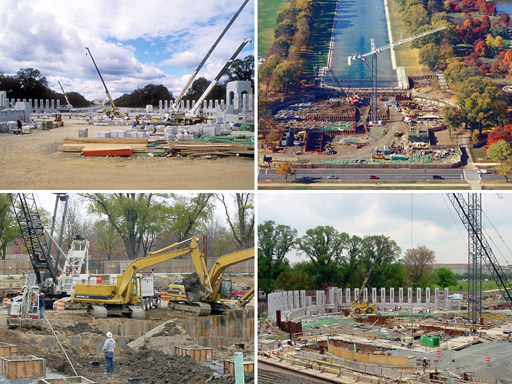 The National World War II Memorial under construction between September 2001 and April 2004. Photo credit: Rick Latoff / American Battle Monuments Commission from the National World War II Memorial website (https://www.wwiimemorial.com).