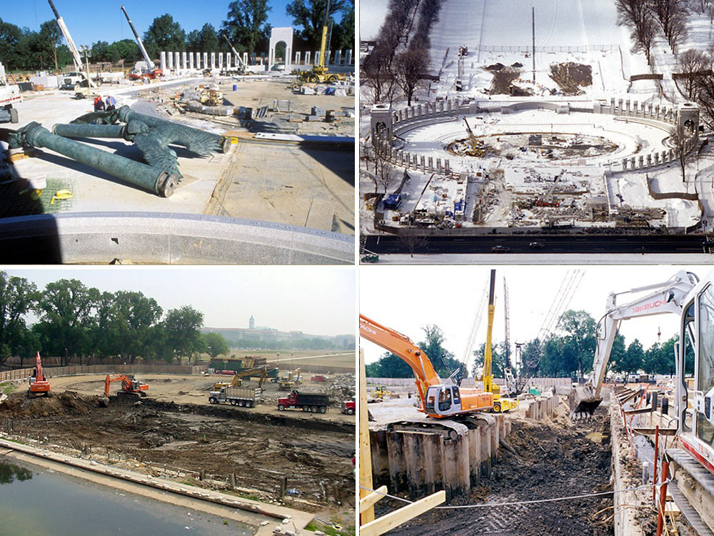 The National World War II Memorial under construction between September 2001 and April 2004. Photo credit: Rick Latoff / American Battle Monuments Commission from the National World War II Memorial website (https://www.wwiimemorial.com).