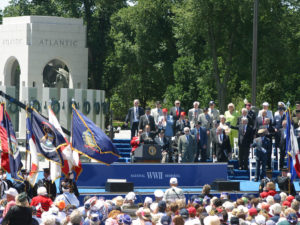 Sen. Bob Dole at the World War II Memorial dedication in Washington D.C. Photo credit: Don Ripper (Latoff Inc.) / American Battle Monuments Commission from the National World War II Memorial website (https://www.wwiimemorial.com).