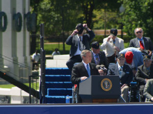 President George W. Bush at the World War II Memorial dedication in Washington D.C. Photo credit: Don Ripper (Latoff Inc.) / American Battle Monuments Commission from the National World War II Memorial website (https://www.wwiimemorial.com).