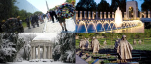 Clockwise: The Vietnam Veterans Memorial, the National World War II Memorial, the Korean War Veterans Memorial and the District of Columbia War Memorial. (Courtesy Library of Congress and Department of Defense)