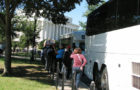 Buses parking along the National Mall.