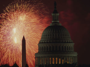 Fireworks lighting up the night sky near the U.S. Capitol and Washington Monument, Washington, D.C. (Library of Congress)