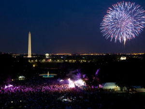 A crowd watches the end of Brad Paisley performance on the South Lawn of the White House as fireworks erupt over the National Mall, July 4, 2012. (Official White House Photo by Pete Souza)