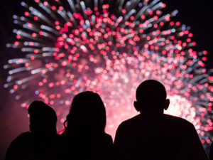 President Barack Obama, First Lady Michelle Obama, left, and Malia Obama, center, watch the Fourth of July fireworks from the roof of the White House, July 4, 2014. (White House Photographer)