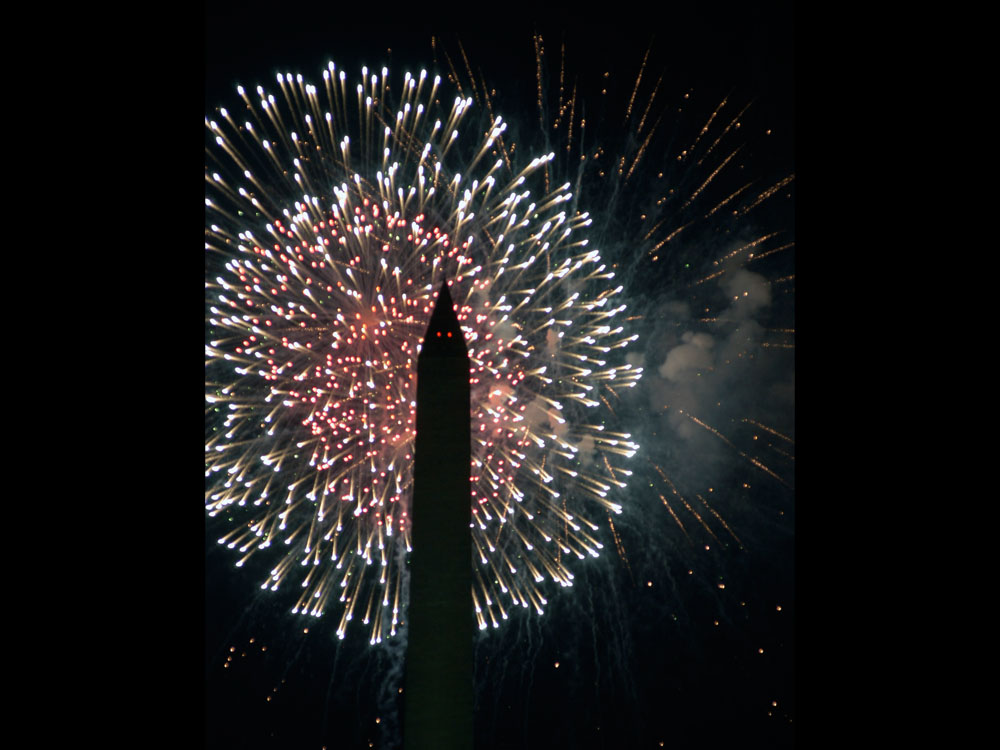 Fireworks burst above the Washington Monument in celebration of America's 229th birthday. (Courtesy U.S. Navy)
