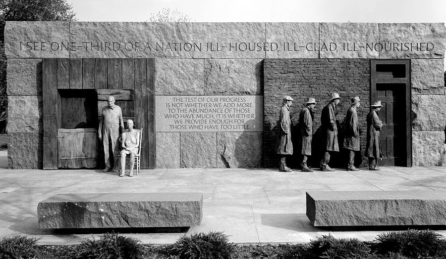 Photograph of bronze sculpture by George Segal (The Rural Couple and The Breadline) in Room Two of the Franklin Delano Roosevelt Memorial, Washington, D.C. (Courtesy Library of Congress)