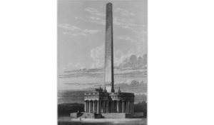 The Washington National Monument, in the city of Washington base of the Pantheon, 250 feet diameter. Height, 100 feet. Height of obelisk, 500 feet. The loftiest monument on earth to a nation's greatest benefactor. (Courtesy: Library of Congress)