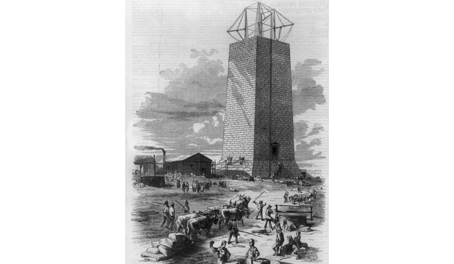 Print shows the incomplete monument in Washington, D.C., with construction underway. (Courtesy: Library of Congress)