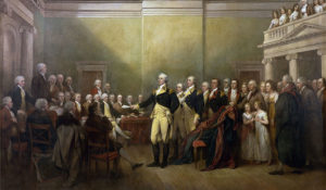 John Trumbull painting of General George Washington Resigning His Commission: depicts George Washington's resignation as commander-in-chief of the Army to the Congress, which was then meeting at the Maryland State House in Annapolis, on December 23, 1783. (Courtesy: Architect of the Capitol)