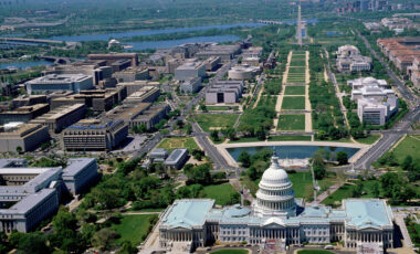 Aerial view from above the U.S. Capitol, looking west along the National Mall, Washington, D.C. (Courtesy Library of Congress, Carol M. Highsmith)